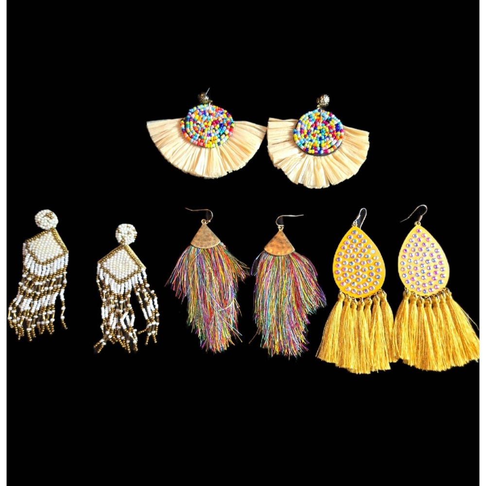 Bohemian Statement Earring Lot 4 Pairs Tassel Raffia Beaded Fringe Multicolor